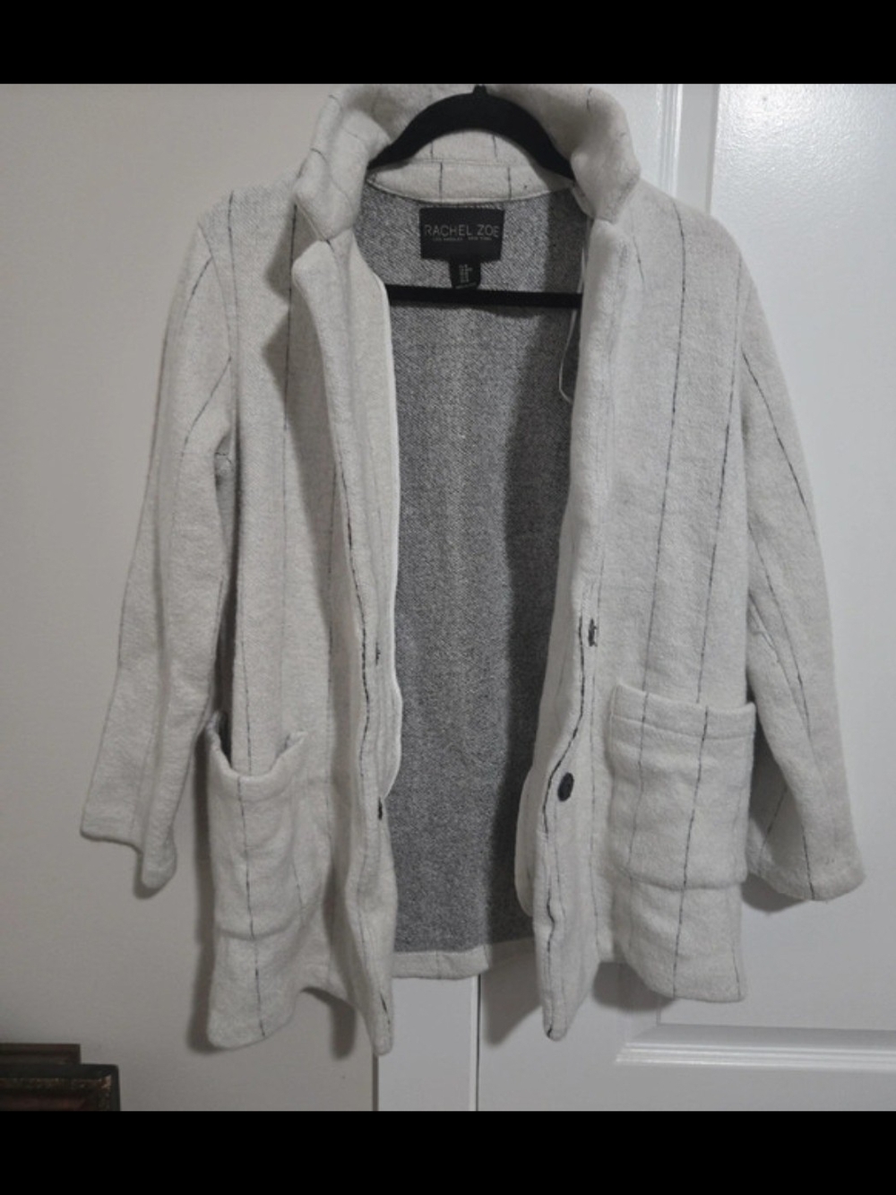 Rachel Zoe Cream Open-Front Coatigan with Subtle Pinstripes